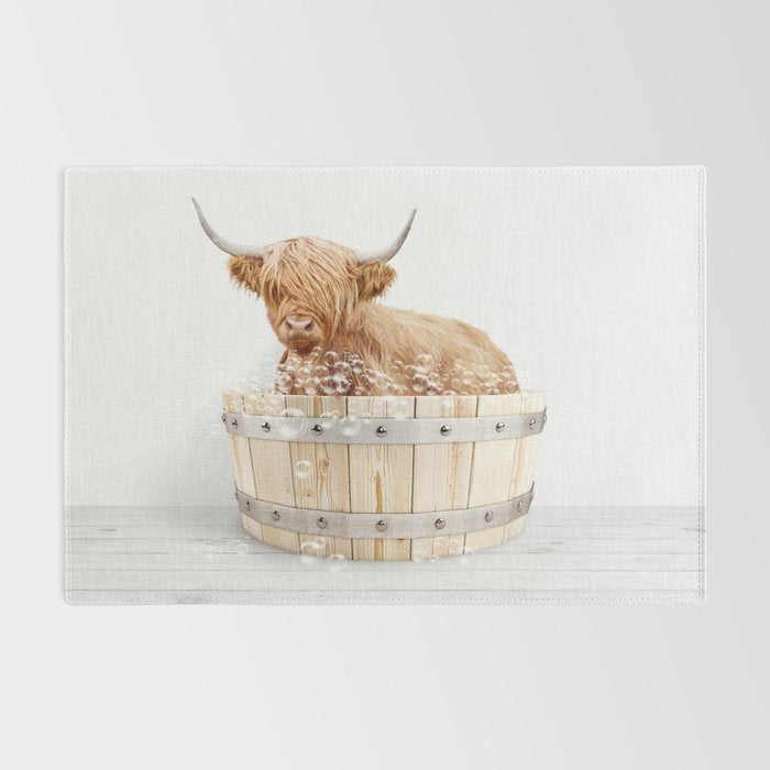 Highland Cow in a Wooden Bathtub, Cow Taking a Bath, Bathtub Animal Art Print By Synplus Rug Gallery Image 2
