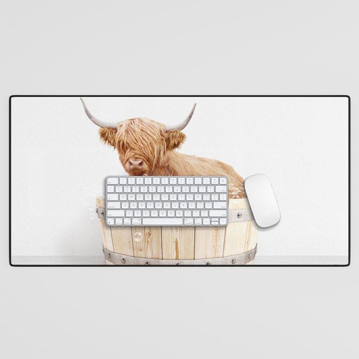 Highland Cow in a Wooden Bathtub, Cow Taking a Bath, Bathtub Animal Art Print By Synplus Desk Mat Gallery Image 1