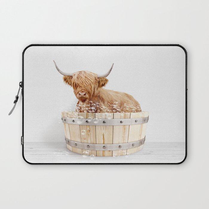 Highland Cow in a Wooden Bathtub, Cow Taking a Bath, Bathtub Animal Art Print By Synplus Laptop Sleeve Gallery Image 1