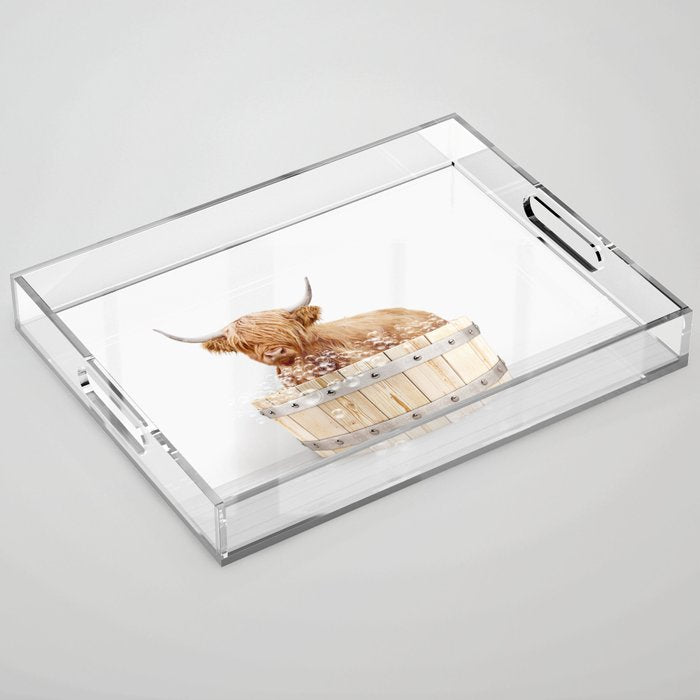 Highland Cow in a Wooden Bathtub, Cow Taking a Bath, Bathtub Animal Art Print By Synplus Acrylic Tray Gallery Image 1