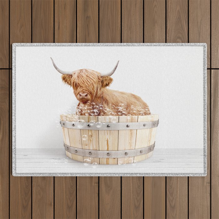 Highland Cow in a Wooden Bathtub, Cow Taking a Bath, Bathtub Animal Art Print By Synplus Outdoor Rug Gallery Image 1