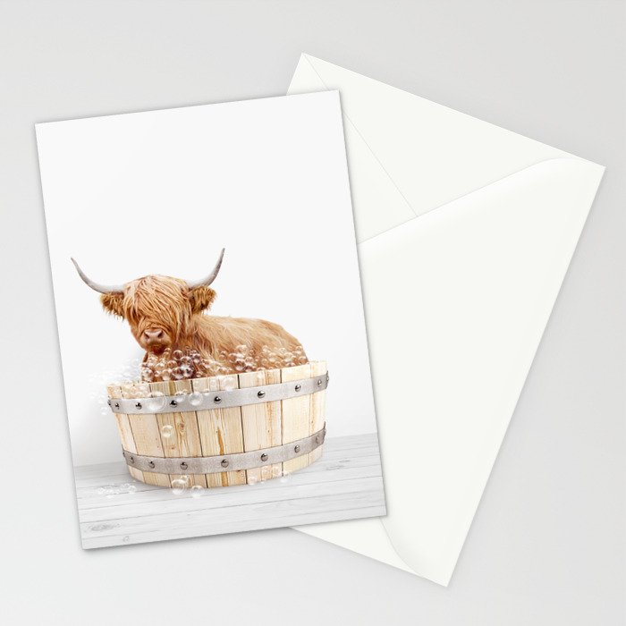 Highland Cow in a Wooden Bathtub, Cow Taking a Bath, Bathtub Animal Art Print By Synplus Stationery Card Gallery Image 2