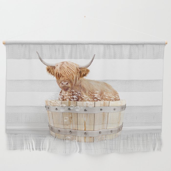 Highland Cow in a Wooden Bathtub, Cow Taking a Bath, Bathtub Animal Art Print By Synplus Wall Hanging Gallery Image 1
