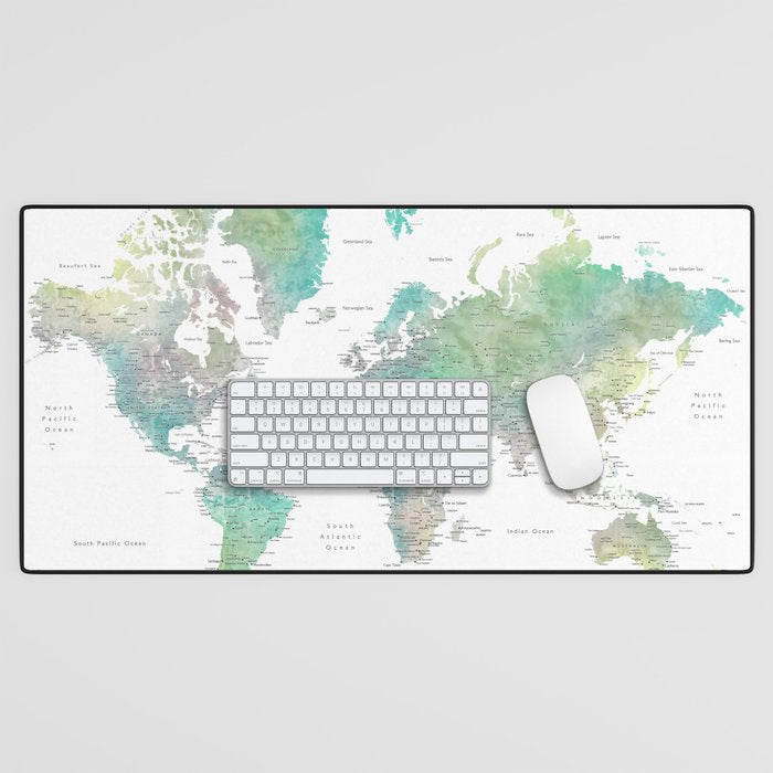 Watercolor world map in muted green and brown Desk Mat Gallery Image 1