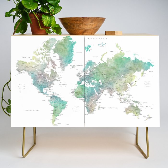 Watercolor world map in muted green and brown Credenza Gallery Image 1