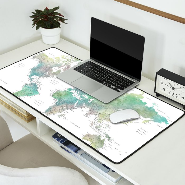 Watercolor world map in muted green and brown Desk Mat Gallery Image 2