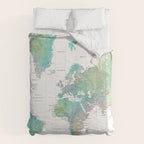 Watercolor world map in muted green and brown Comforter Gallery Image 6