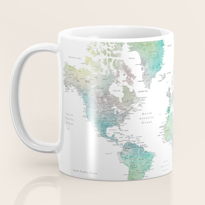 Watercolor world map in muted green and brown Coffee Mug Gallery Image 3