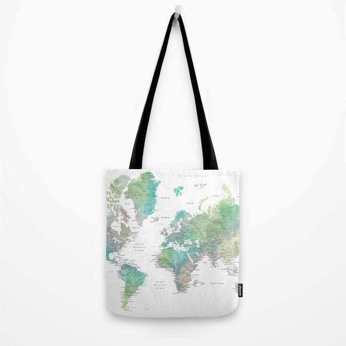 Watercolor world map in muted green and brown Tote Bag Gallery Image 2
