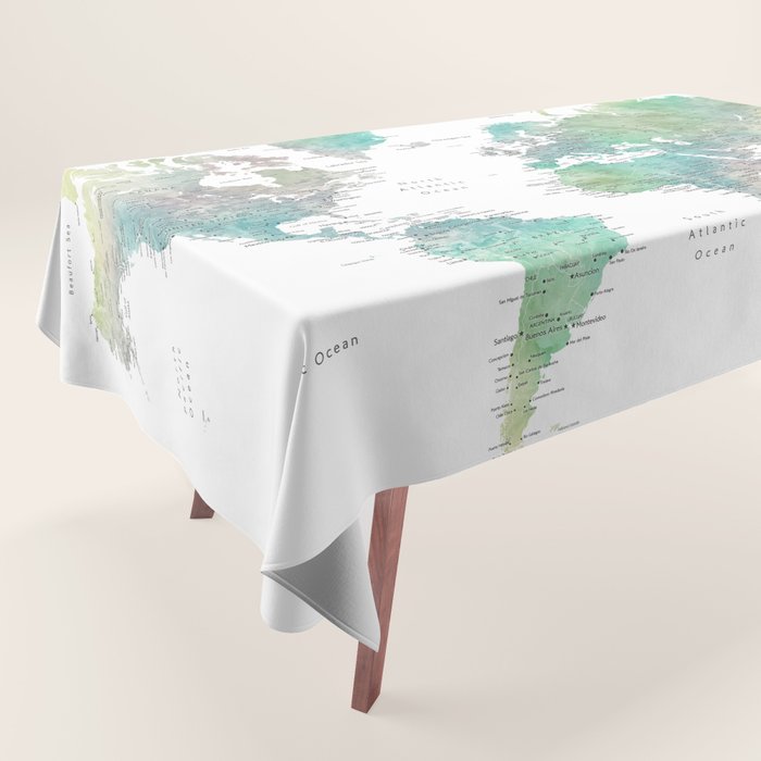 Watercolor world map in muted green and brown Tablecloth Gallery Image 1