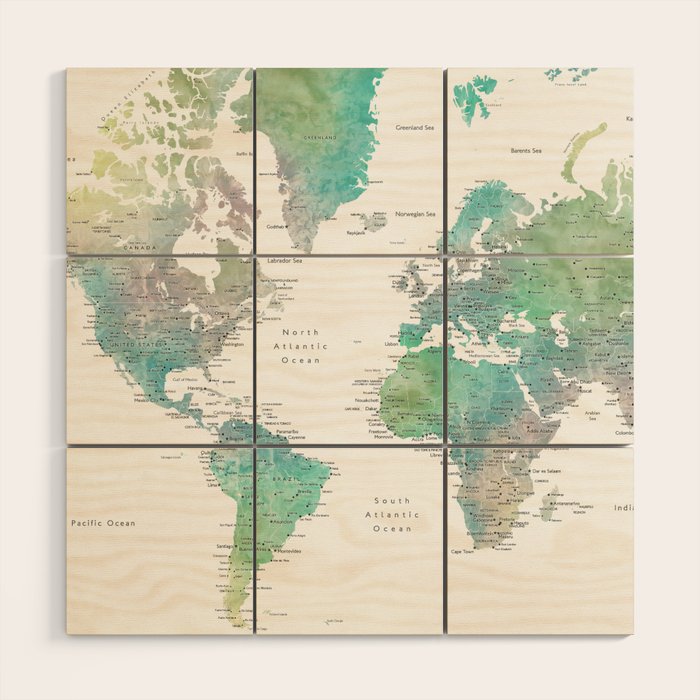 Watercolor world map in muted green and brown Wood Wall Art Gallery Image 1