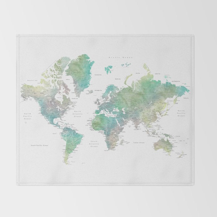 Watercolor world map in muted green and brown Throw Blanket Gallery Image 2