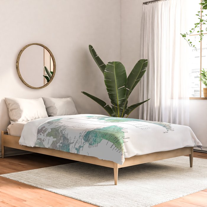 Watercolor world map in muted green and brown Comforter Gallery Image 2