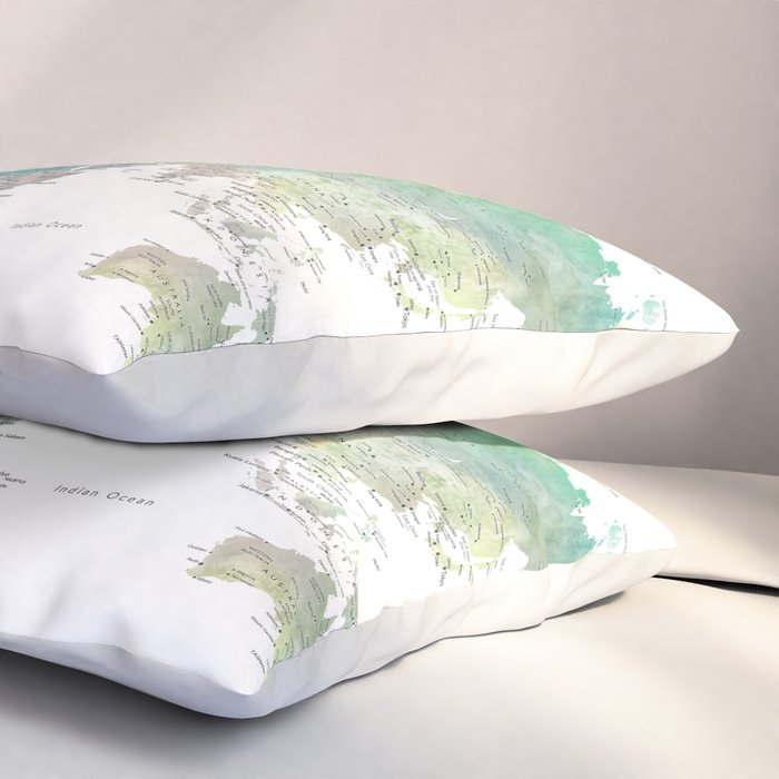 Watercolor world map in muted green and brown Pillow Sham Gallery Image 3