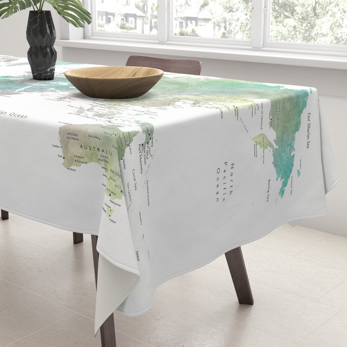 Watercolor world map in muted green and brown Tablecloth Gallery Image 3