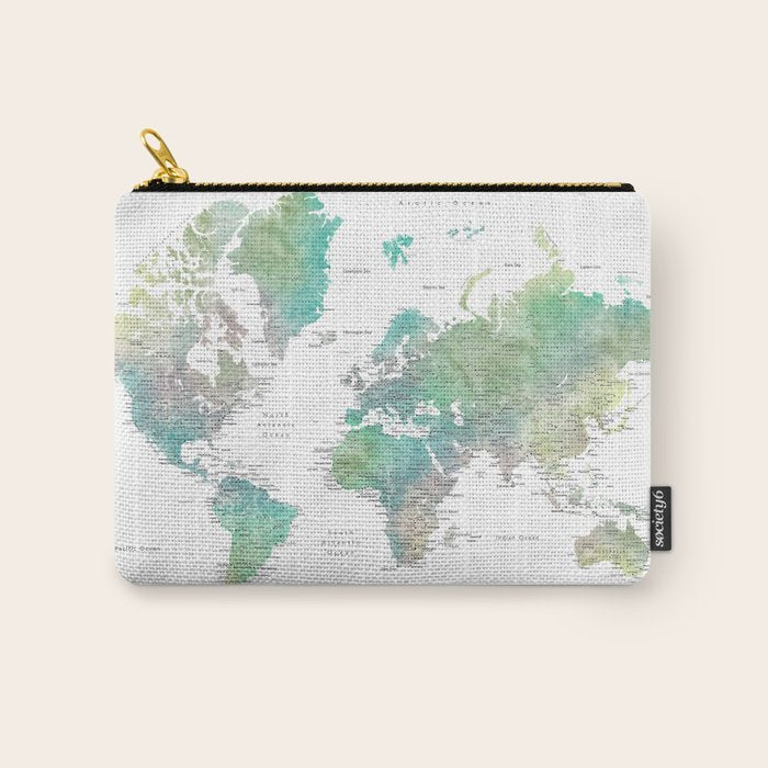 Watercolor world map in muted green and brown Carry All Pouch Gallery Image 1