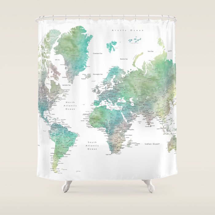 Watercolor world map in muted green and brown Shower Curtain Gallery Image 1
