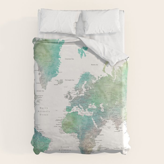 Watercolor world map in muted green and brown Duvet Cover Gallery Image 1