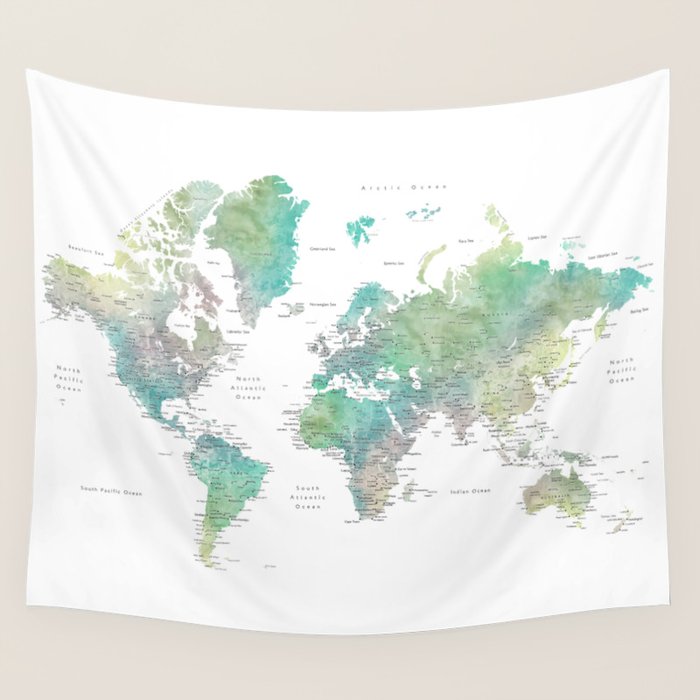 Watercolor world map in muted green and brown Wall Tapestry Gallery Image 1