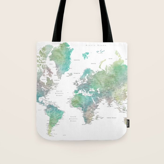 Watercolor world map in muted green and brown Tote Bag Gallery Image 1