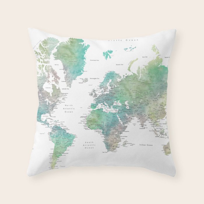 Watercolor world map in muted green and brown Throw Pillow Gallery Image 1