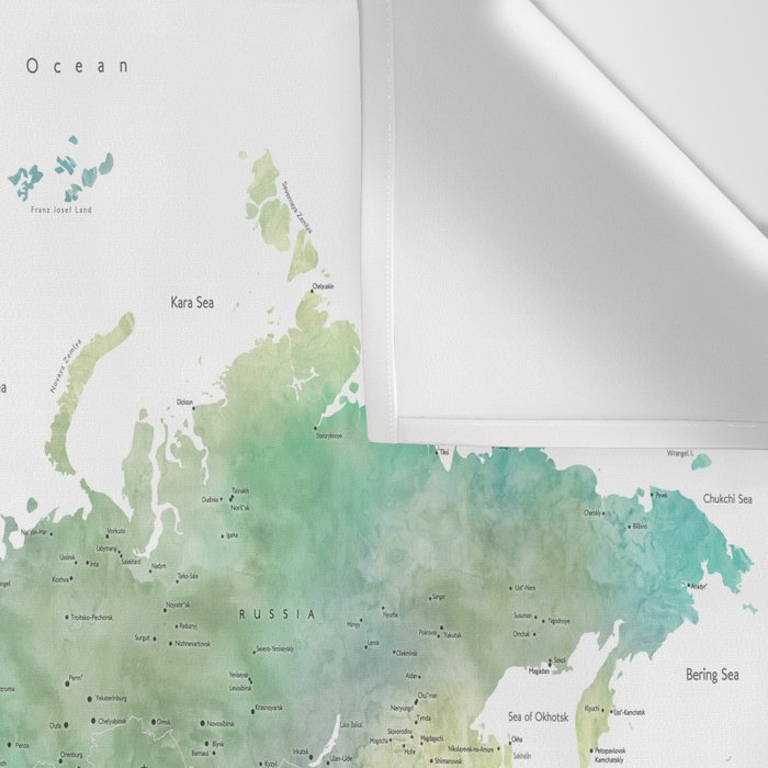 Watercolor world map in muted green and brown Wall Tapestry Gallery Image 3
