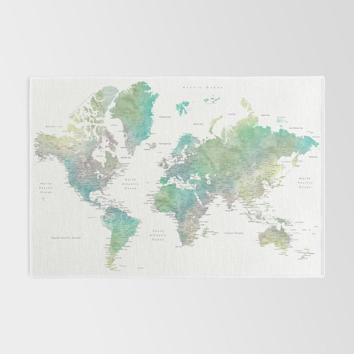 Watercolor world map in muted green and brown Rug Gallery Image 2