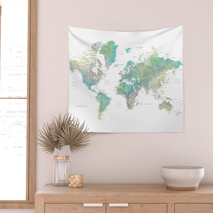 Watercolor world map in muted green and brown Wall Tapestry Gallery Image 2