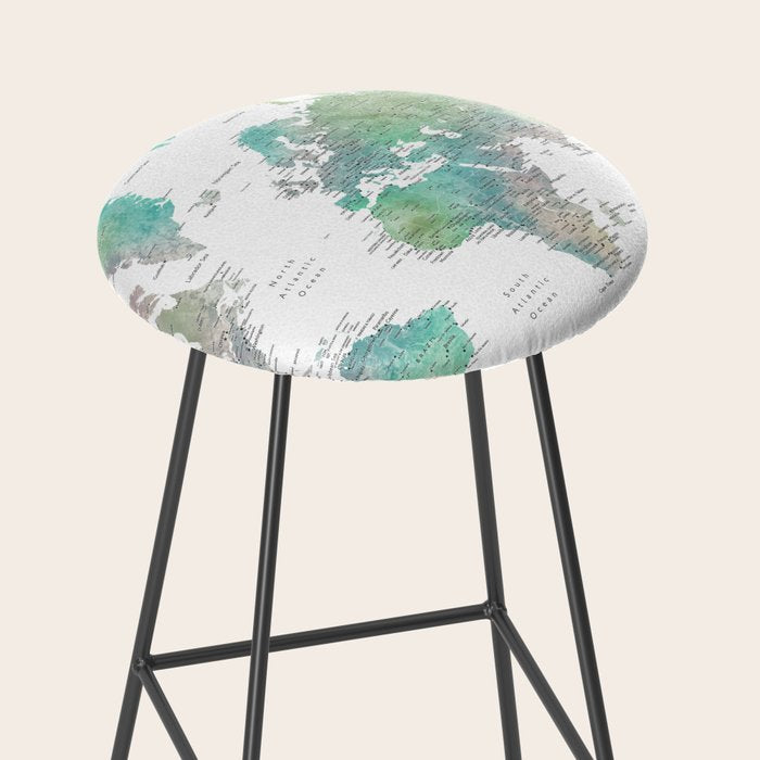 Watercolor world map in muted green and brown Stool Gallery Image 2