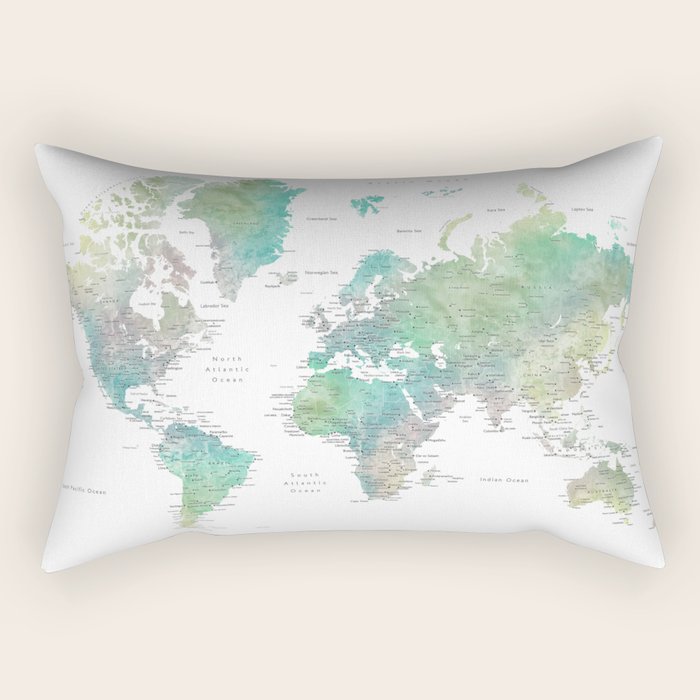 Watercolor world map in muted green and brown Rectangular Pillow Gallery Image 2