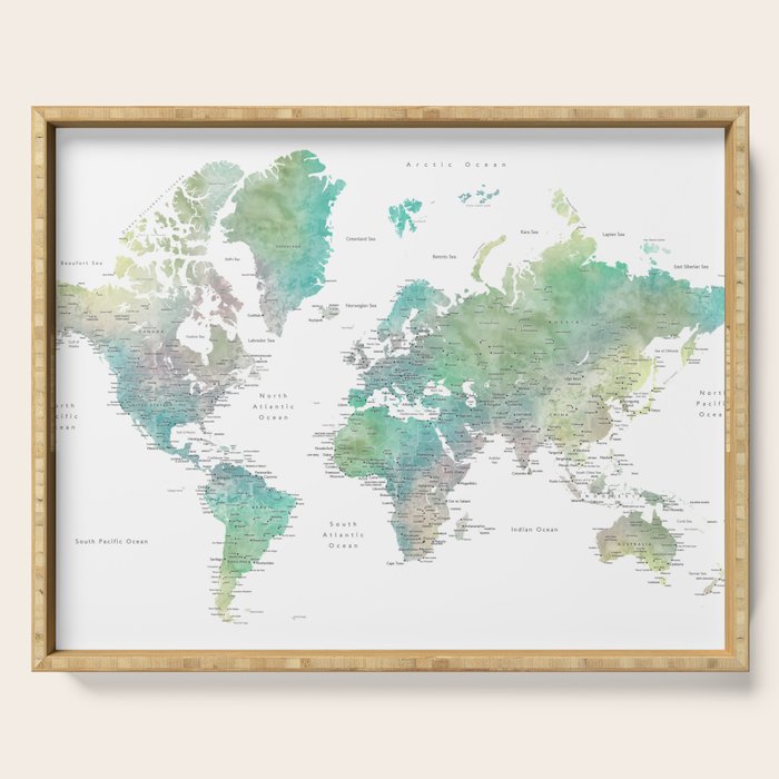 Watercolor world map in muted green and brown Serving Tray Gallery Image 1
