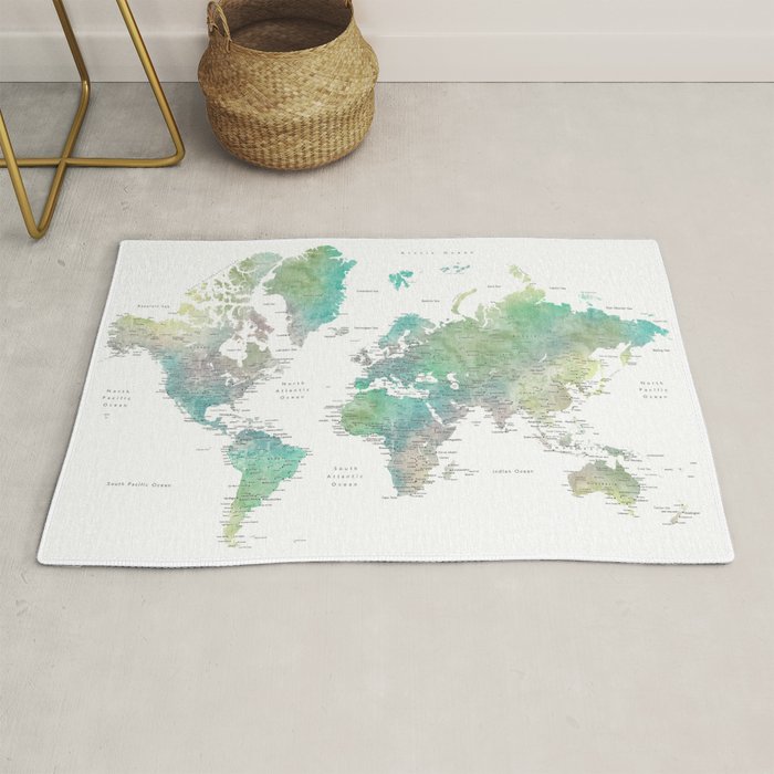 Watercolor world map in muted green and brown Rug Gallery Image 1