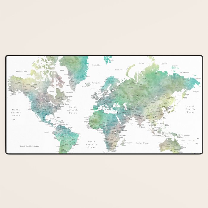 Watercolor world map in muted green and brown Desk Mat Gallery Image 3