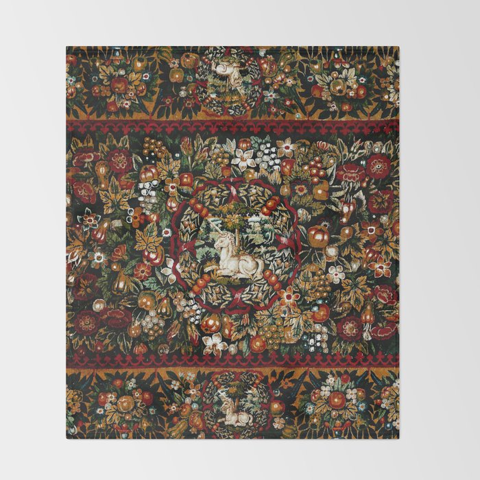 Medieval Unicorn Midnight Floral Garden Throw Blanket Gallery Image 2
