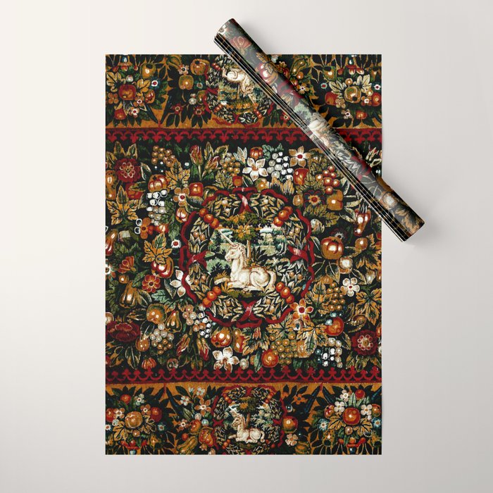 Medieval Unicorn Midnight Floral Garden Wrapping Paper Gallery Image 1