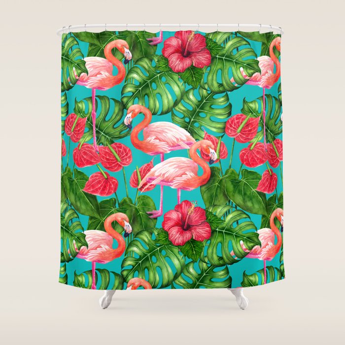 Flamingo birds and tropical garden          watercolor Shower Curtain Gallery Image 1
