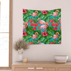 Flamingo birds and tropical garden          watercolor Wall Tapestry Gallery Image 2