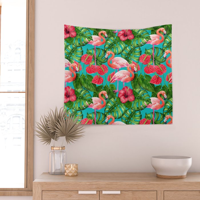 Flamingo birds and tropical garden          watercolor Wall Tapestry Gallery Image 2