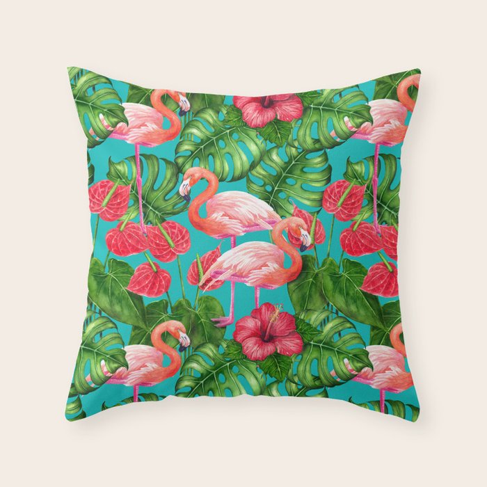 Flamingo birds and tropical garden          watercolor Throw Pillow Gallery Image 1