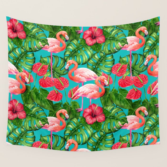 Flamingo birds and tropical garden          watercolor Wall Tapestry Gallery Image 1