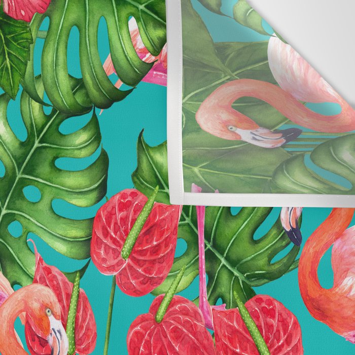 Flamingo birds and tropical garden          watercolor Wall Tapestry Gallery Image 3