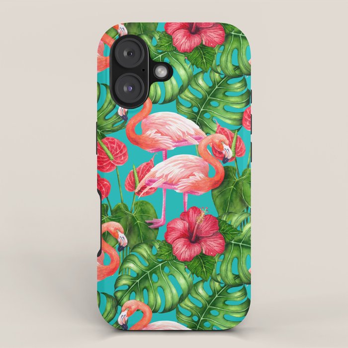 Flamingo birds and tropical garden          watercolor iPhone Case Gallery Image 1