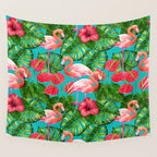 Flamingo birds and tropical garden          watercolor Wall Tapestry Gallery Image 4
