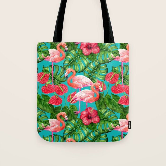 Flamingo birds and tropical garden          watercolor Tote Bag Gallery Image 1