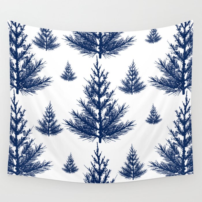 Christmas Trees and Snow, Blue and White Wall Tapestry Gallery Image 4