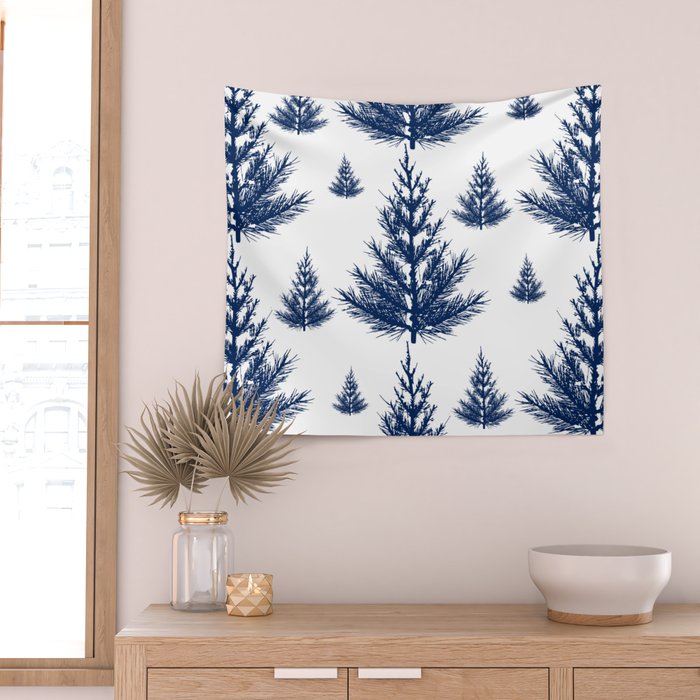Christmas Trees and Snow, Blue and White Wall Tapestry Gallery Image 2