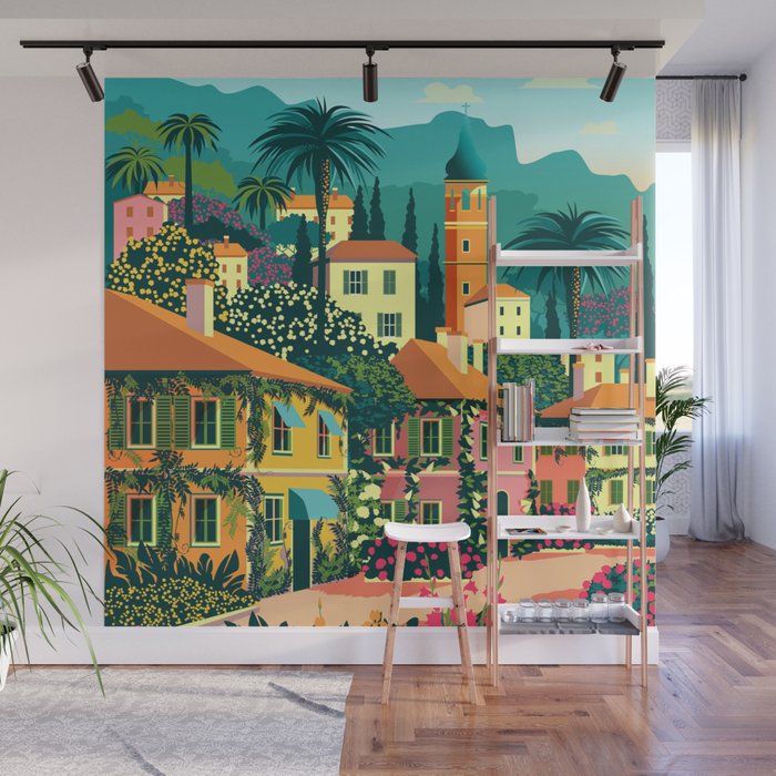 Romantic Italian Landscape Lake Como Colorful European Landscape Art Wall Mural Gallery Image 1