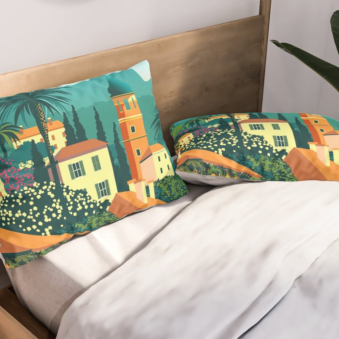 Romantic Italian Landscape Lake Como Colorful European Landscape Art Pillow Sham Gallery Image 2