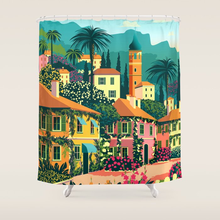 Romantic Italian Landscape Lake Como Colorful European Landscape Art Shower Curtain Gallery Image 1