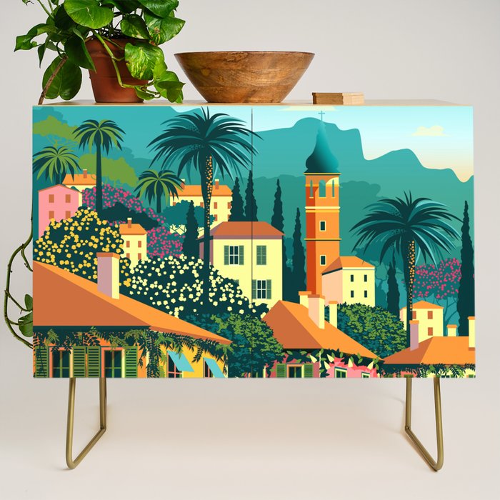 Romantic Italian Landscape Lake Como Colorful European Landscape Art Credenza Gallery Image 1